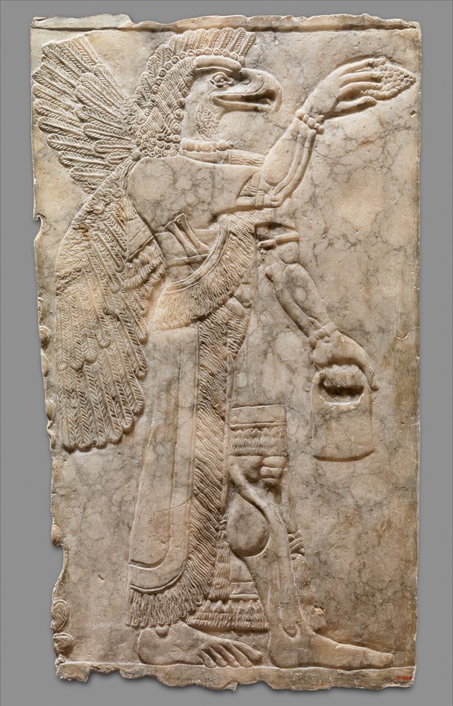 翼のあるワシの頭の超自然的な姿のレリーフパネル、c.883-59 BC（石膏
